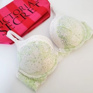 EUC Victoria's Secret Bra Dream Angel's Push Up Green White Rhinestones, 34C